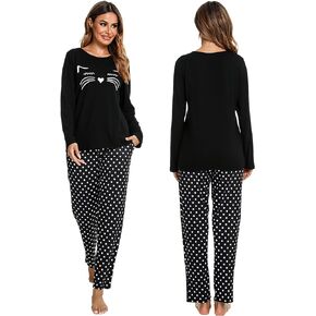 GAESHOW Women's Cotton Pajamas with Cute Print, Ladies Cozy Long Sleeve Lightweight Nightwear Soft Pjs Lounge Sets