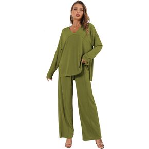 Women's 2 Piece Lounge Set V Neck Casual Ribbed Knit Pajama Set Wide leg pants Pajama Set