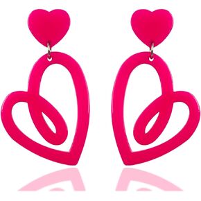 Pink Heart Dangle Earrings for Women Cute Valentine's Day Acrylic Earrings Double Heart Earrings Love Heart Dangle Drop Earrings for Teen Girls Valentine's Day Gift