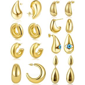 8 Pairs Gold Earrings for Women Girls,14K Gold Plated Lightweight Gold Hoop Earrings Hypoallergenic Evil Eyes Earrings for Women Trendy Fashion Jewelry Gifts