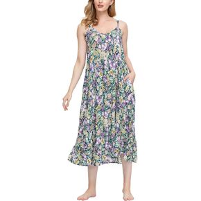wexcen Women's V-Neck Floral Print Spaghetti Strap Boho Beach Long Maxi Summer Casual Dress with Pockets