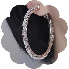 Silver Rhinestone Hoop Earrings Sparkling Luxury Cubic Zirconia Large Round Hoop Earrings With Crystals Anniversary Birthday Gifts for Women Girls Jewelry