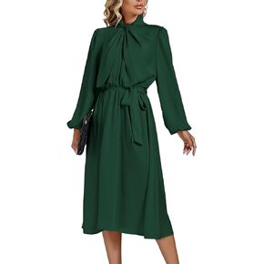 LYANER Women's Satin Slik Knot Mock Neck Waist Tie Puff Long Sleeve Flowy Midi Dress