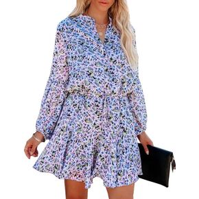 Clarisbelle Women's Long Sleeves Button up Tie Waist Floral Chiffon Dress