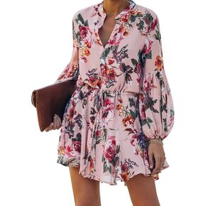 Clarisbelle Women's Long Sleeves Button up Tie Waist Floral Chiffon Dress