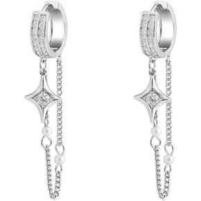 Shiny Tassel Star Small Hoop Earrings Cartilage Tiny Gold Plated Chunky Hinged Huggie Hoops Hypoallergenic Cubic Zirconia Cuffs Charm Drop Dangle Earrings Piercing Jewelry Gift for Women Teenage Girls