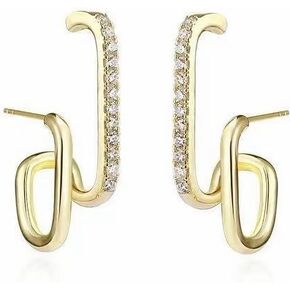 Women's 14K Gold Plated Double Twist Hoop Earrings Double Row Simulated Diamonds Illusion Ear Stud Split Huggie Earrings That Look Like Multiple Piercings Stud Earrings