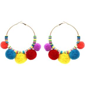Colorful Pom Pom Tassel Earrings Rainbow Round Hoop Ball Clay Beads Drop Earring Large Fashion Boho Faux Fur Plush Ball Statement Earrings Vacation Ethnic Jewelry for Women Girl