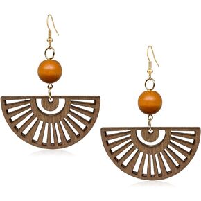 Fashion Bohemian Sector Wood Earrings Natural Wooden Lightweight Hollow Geometric Dangle Drop Earrings For Women Girls
