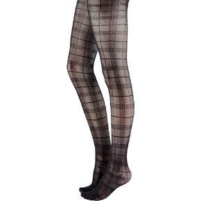 Women's Tartan Pattern Tights- sustainable yarn tight with checkered pattern, sheer black, Black (Black), One Size (Fits L-2XL)