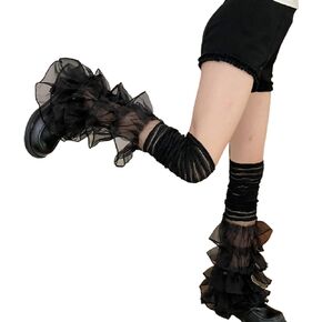 Bowanadacles Women Y2k Ruffled Lace Leg Warmers Tiered Tulle Patchwork Long Thigh High Socks Vintage Boot Cuffs Cover Socks