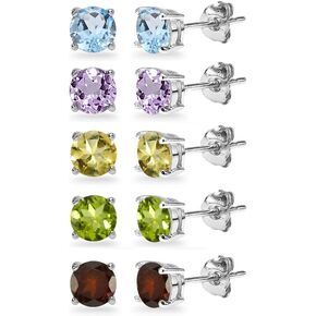 5-Pair Set Sterling Silver Amethyst, Blue Topaz, Citrine, Garnet & Peridot 5mm Round Stud Earrings