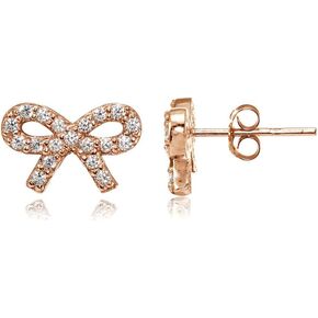 Hoops & Loops 925 Sterling Silver Cubic Zirconia Dainty Bow Stud Earrings for Women Teen Girls, Silver, Yellow & Rose Gold