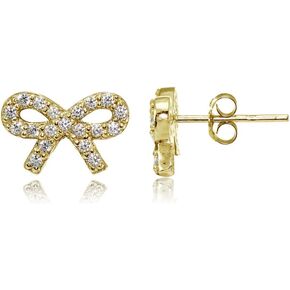 Hoops & Loops 925 Sterling Silver Cubic Zirconia Dainty Bow Stud Earrings for Women Teen Girls, Silver, Yellow & Rose Gold