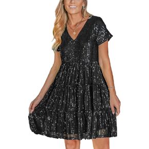 CUPSHE Women's Sequin Dress Elegant Sparkly V Neck Short Sleeve Glitter Mini Dresses