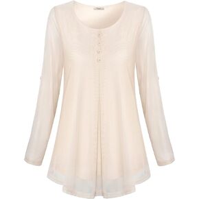 Cestyle Women's Roll-up Long Sleeve Round Neck Layered Chiffon Flowy Blouse Top