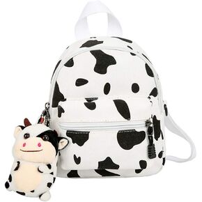 TENDYCOCO Cow Backpack with Plush Cow Pendant Canvas Cow Print Backpack Cow Stuff Cow Gifts for Women Mini Backpack for Women Girls