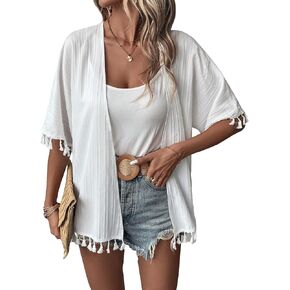 Verdusa Women's Tassel Trim Kimono Half Sleeve Open Front Beach Swimsuit Bikini Cover Up