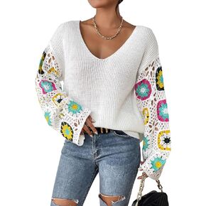 SHENHE Women's V Neck Crochet Floral Print Loose Pointelle Knit Pullover Sweater