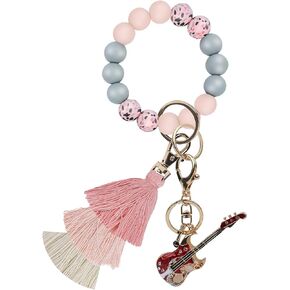 XSBQBC Women Silicone Keychain Bracelet Beaded Wristlet Key Ring Pink Bangle