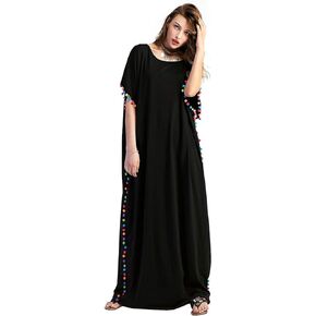 Floerns Women's Pom Pom Trim O Neck Casual Loose Maxi Kaftan Dress