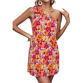 SOLY HUX Women's Summer Dresses Floral Print Knot One Shoulder Sleeveless Tunic Mini Dress