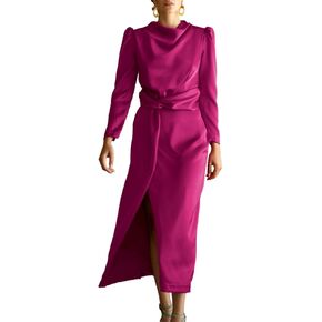 فستان Duigluw نسائي أنيق من الساتان بأكمام طويلة ورقبة متدلية وخصر إمبراطوري رسمي لحفلات الكوكتيل in Kuwait