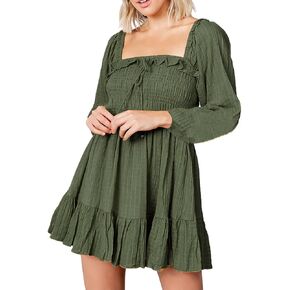 R.Vivimos Women's Linen Long Sleeve Square Neck Ruffle Smocked Plaid Swing Mini Dress in Kuwait