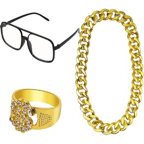 GHGMAO 80s/90s Hip Hop Costumes Kit Big Gold Chain Dollar Sign Finger Ring Black Glasses DJ Punk Rapper Accessories for Men Women Teens