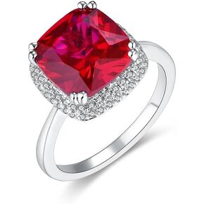 5.10 Cttw Lab-Grown Ruby Cushion Cut Ring with White Sapphire Halo 14K White Gold Over Silver Comes With Gift Box