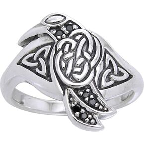 Celtic Raven Bird Sterling Silver Black Crystal Ring(Sizes 5,6,7,8,9,10,11,12,13,14)