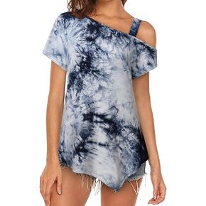 MOQIVGI Womens Cold Shoulder Tops Short Sleeve Hanky Hem Dressy Sexy Casual Tunic Shirts