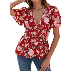 بلوزة نسائية من OUGES كاجوال أنيقة 2023 بأكمام قصيرة ورقبة على شكل حرف V وربطة عنق وخصر بيبلوم in Kuwait