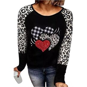 Valentine Leopard Plaid Heart Shirt Blouses for Women Color Block Splicing Long Sleeve Tshirt Valentine's Day Gift Tops