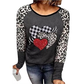 Valentine Leopard Plaid Heart Shirt Blouses for Women Color Block Splicing Long Sleeve Tshirt Valentine's Day Gift Tops