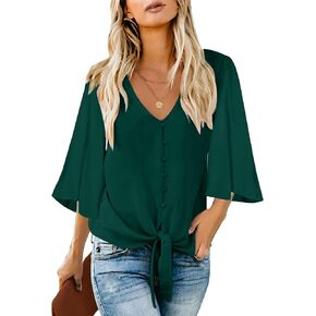 Utyful بلوزة للنساء الصيف عادية الخامس الرقبة 3/4 التعادل عقدة جرس كم بلوزة زر أسفل القمصان للنساء in Kuwait