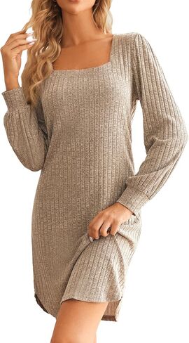 Ekouaer Womens Long Sleeve Nightgown Ribbed Knit Square Neck Loungewear Loose Fit Sleepwear Night dress in Saudi Arabia