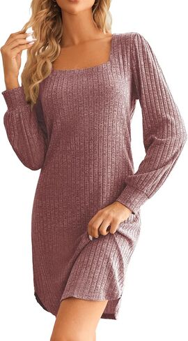 Ekouaer Womens Long Sleeve Nightgown Ribbed Knit Square Neck Loungewear Loose Fit Sleepwear Night dress in Saudi Arabia