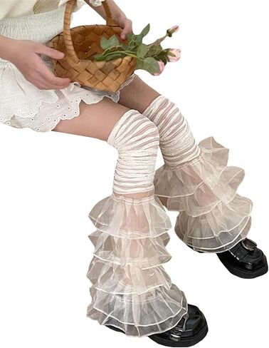Bowanadacles النساء Y2k تكدرت الدانتيل تدفئة الساق المتدرج تول المرقعة طويل الفخذ العليا الجوارب خمر أصفاد للأحذية غطاء الجوارب in Saudi Arabia