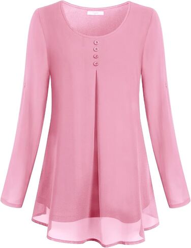 Cestyle Women's Roll-up Long Sleeve Round Neck Layered Chiffon Flowy Blouse Top in Saudi Arabia