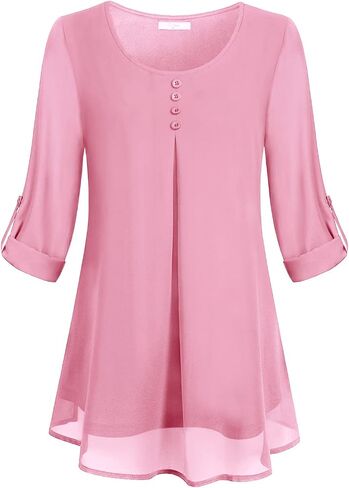 Cestyle Women's Roll-up Long Sleeve Round Neck Layered Chiffon Flowy Blouse Top in Saudi Arabia