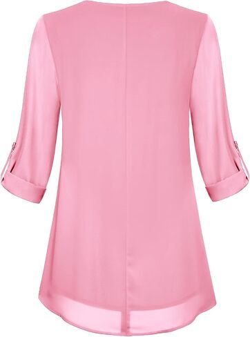 Cestyle Women's Roll-up Long Sleeve Round Neck Layered Chiffon Flowy Blouse Top in Saudi Arabia