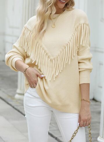 Dokotoo Women's Oversized Sweater Knit Crew Neck Tassel Tops Long Sleeves Casual Pullovers in Saudi Arabia