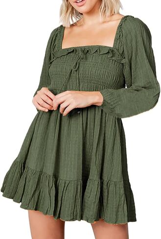 R.Vivimos Women's Linen Long Sleeve Square Neck Ruffle Smocked Plaid Swing Mini Dress in Kuwait