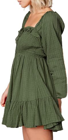 R.Vivimos Women's Linen Long Sleeve Square Neck Ruffle Smocked Plaid Swing Mini Dress in Kuwait