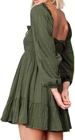 R.Vivimos Women's Linen Long Sleeve Square Neck Ruffle Smocked Plaid Swing Mini Dress in Kuwait