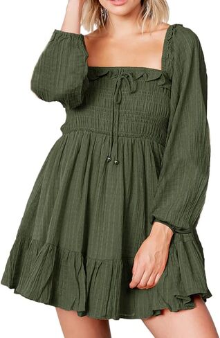 R.Vivimos Women's Linen Long Sleeve Square Neck Ruffle Smocked Plaid Swing Mini Dress in Kuwait