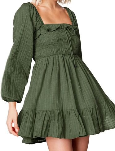 R.Vivimos Women's Linen Long Sleeve Square Neck Ruffle Smocked Plaid Swing Mini Dress in Kuwait