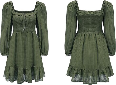 R.Vivimos Women's Linen Long Sleeve Square Neck Ruffle Smocked Plaid Swing Mini Dress in Kuwait