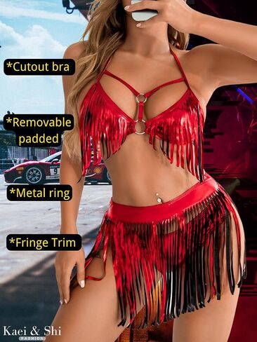Metallic Rave Outfits, Fringe Dancewear, 3 Piece Bikini Set in Saudi Arabia